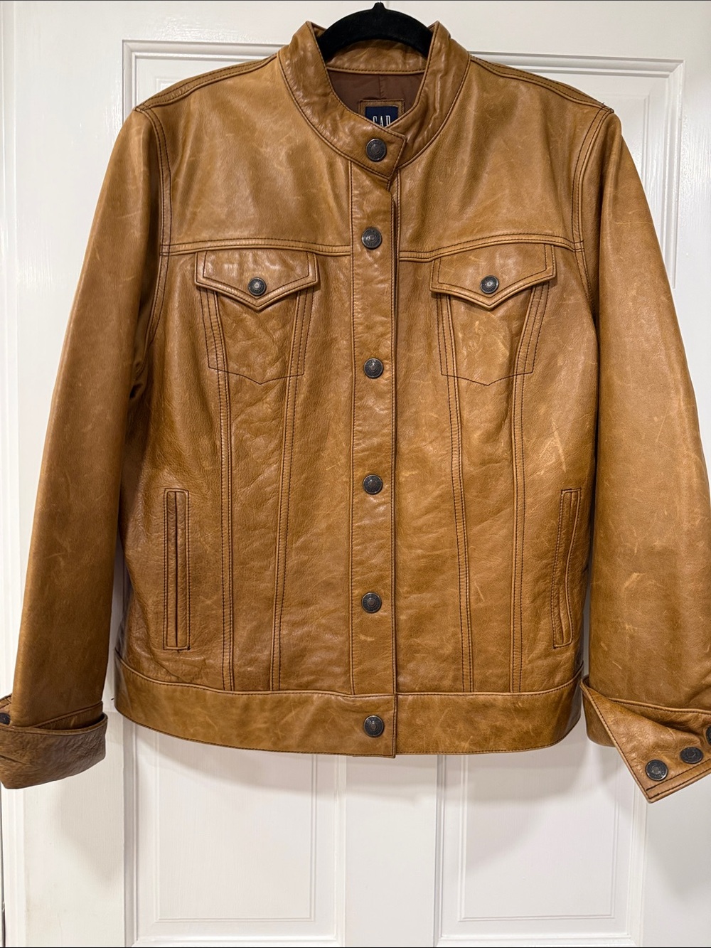 GAP Tan Leather Button-Front Bomber Jacket